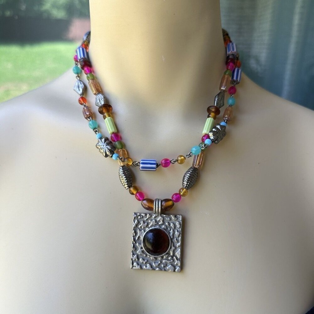 VTG Pendant Necklaceā 17" Beaded Art Glass Multicolor Double Strand Adjustable